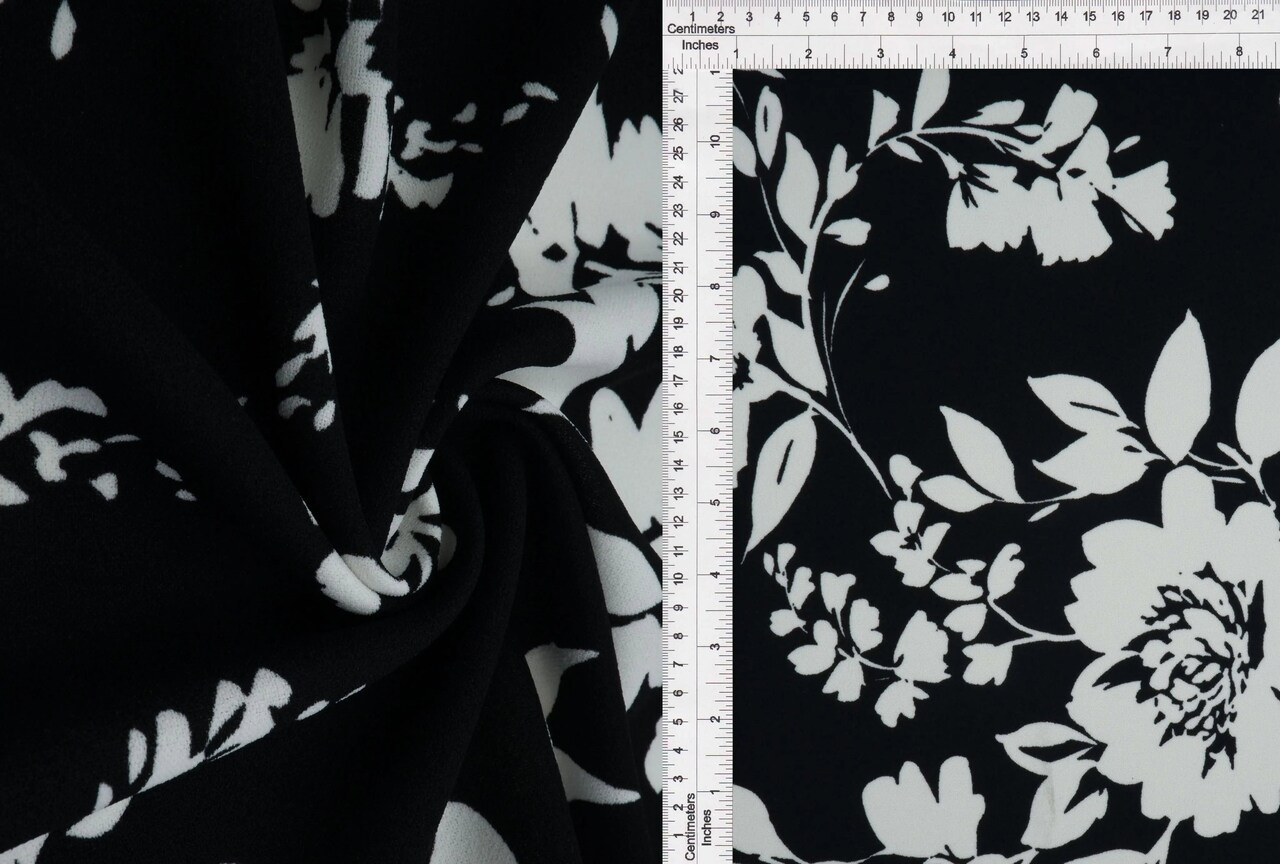 1 Yard Black/White Techno Crepe Floral Print Fabric Stretch Knit 58/60" Wide